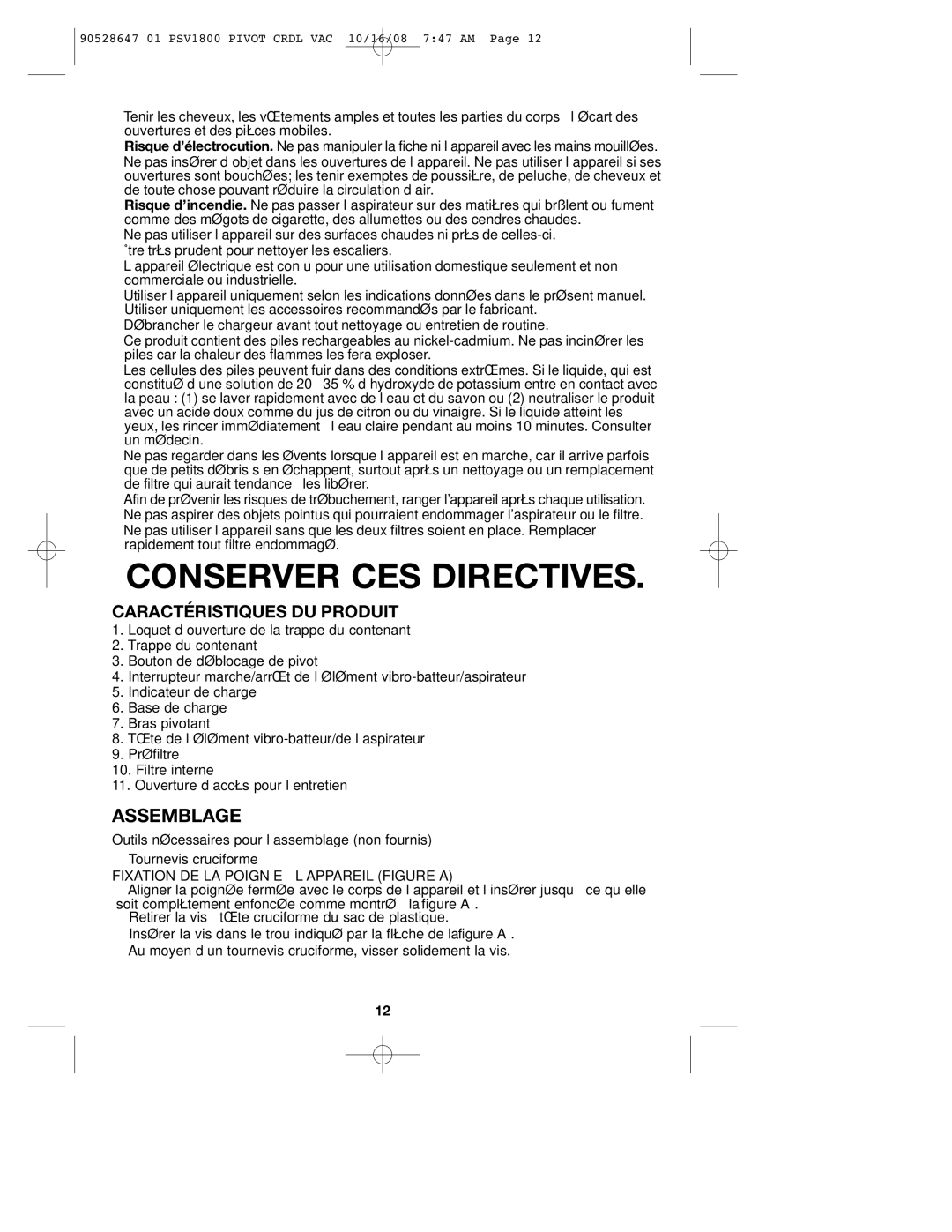 Black & Decker PSV1800, 90528647 instruction manual Conserver CES Directives, Assemblage, Caractéristiques DU Produit 