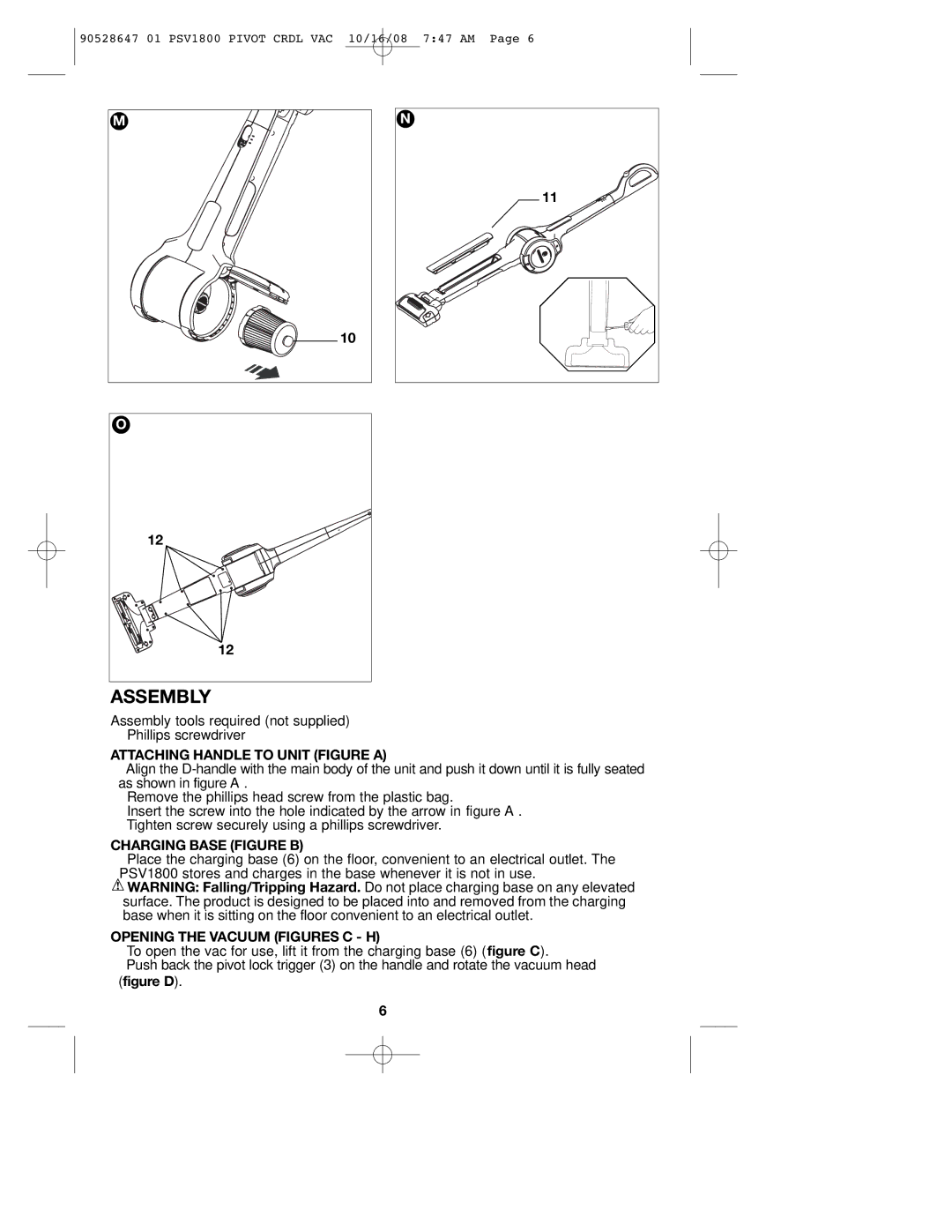 Black & Decker PSV1800 Assembly, Attaching Handle to Unit Figure a, Charging Base Figure B, Opening the Vacuum Figures C H 