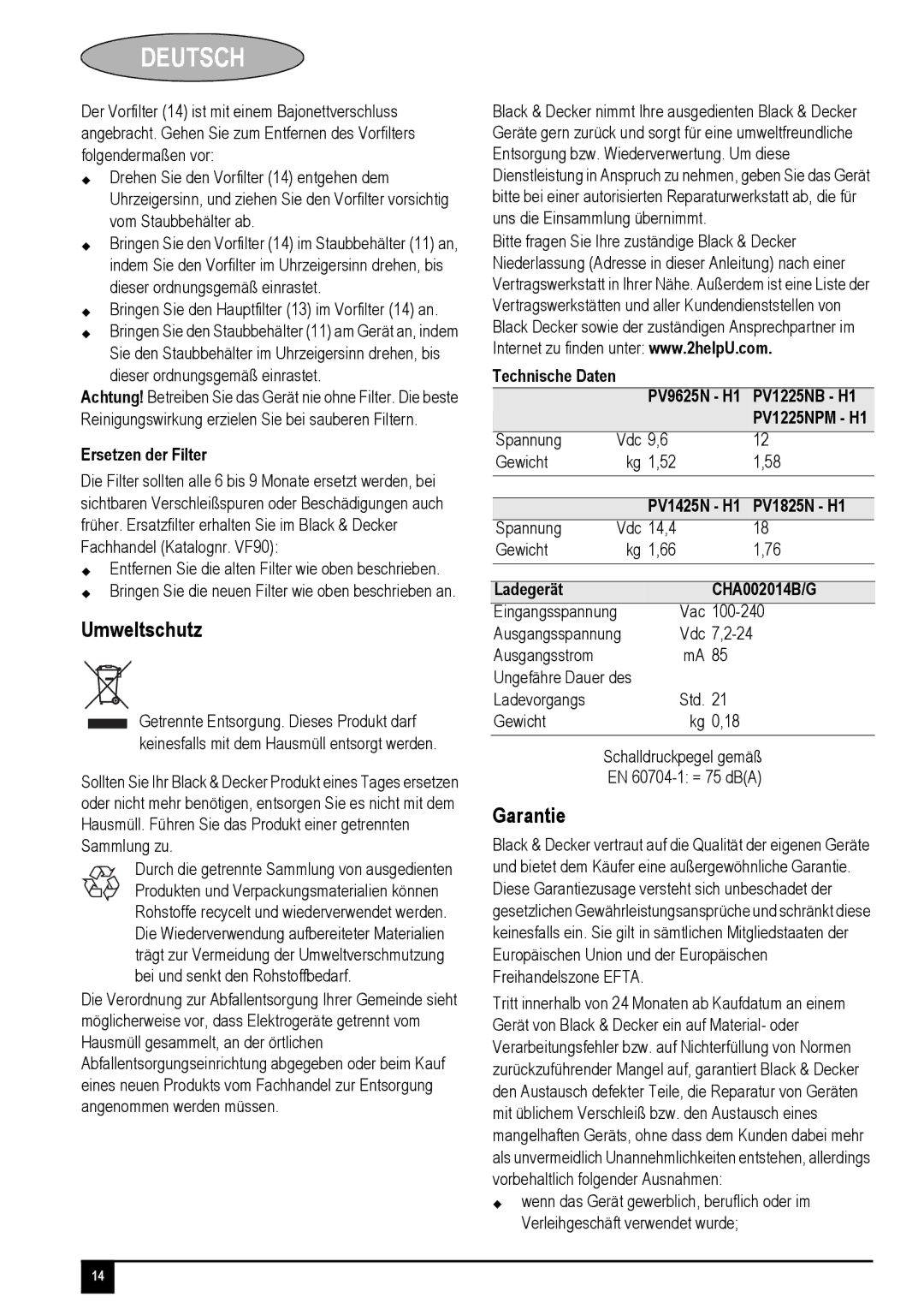 Black & Decker PV1425N Umweltschutz, Garantie, Ersetzen der Filter, Technische Daten PV9625N H1 PV1225NB H1 PV1225NPM H1 