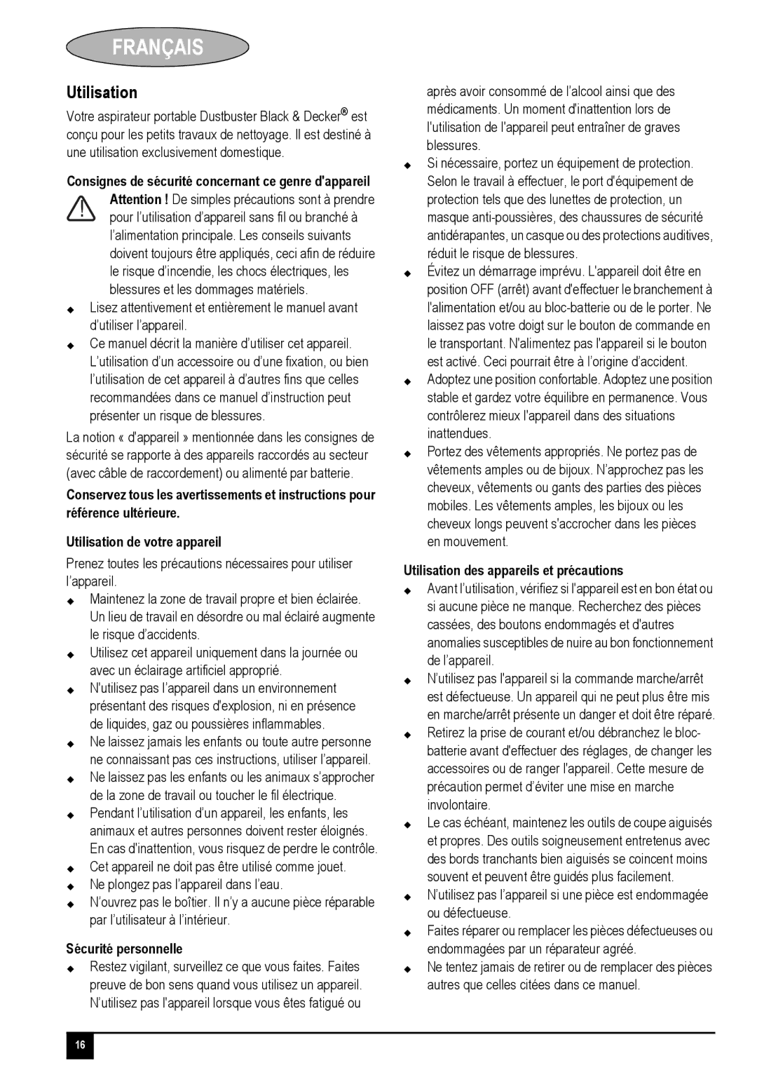 Black & Decker PV1825N, PV1225NPM, PV1425N Français, Sécurité personnelle, Utilisation des appareils et précautions 