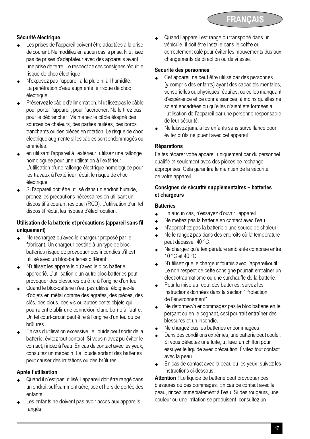 Black & Decker PV1225NPM Sécurité électrique, Après l’utilisation, Sécurité des personnes, Réparations, De votre appareil 