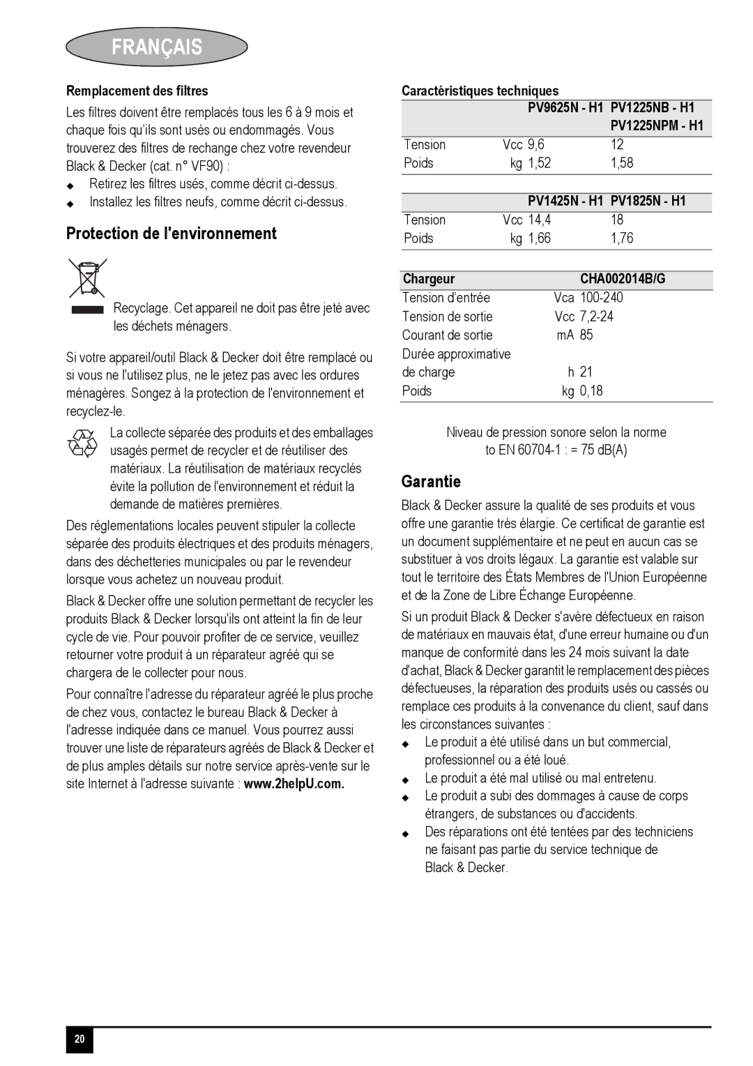 Black & Decker PV1825N, PV1225NPM, PV1425N Protection de lenvironnement, Remplacement des filtres, Chargeur CHA002014B/G 