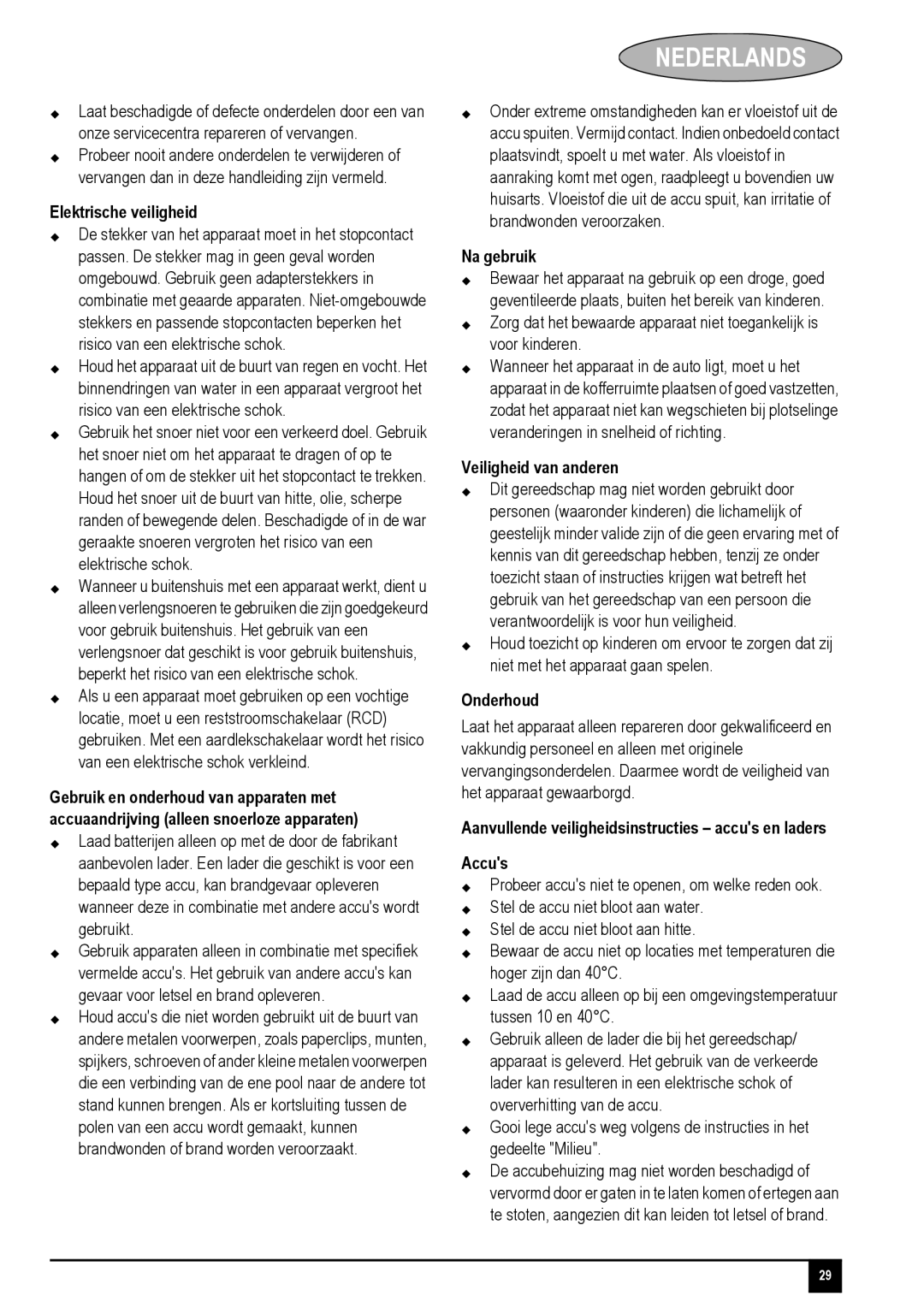 Black & Decker PV1225NPM, PV1825N, PV1425N, PV1225NB Elektrische veiligheid, Na gebruik, Veiligheid van anderen, Onderhoud 