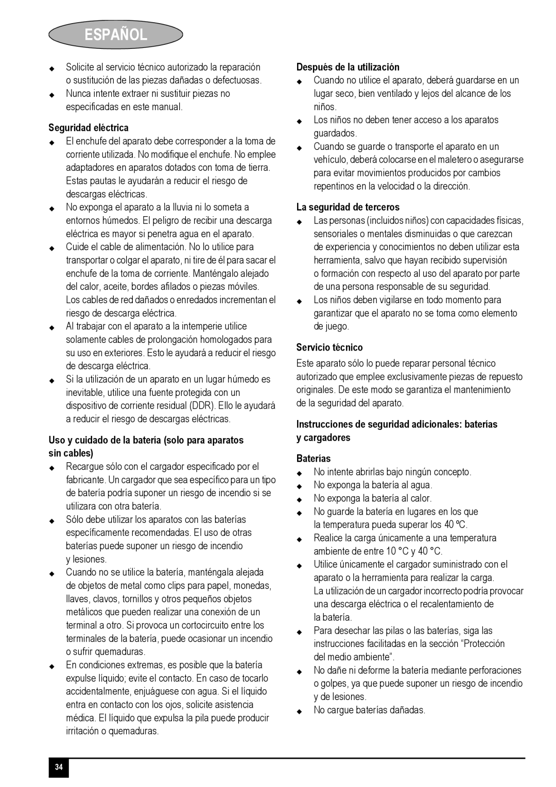 Black & Decker PV1425N Seguridad eléctrica, Uso y cuidado de la batería solo para aparatos sin cables, Servicio técnico 