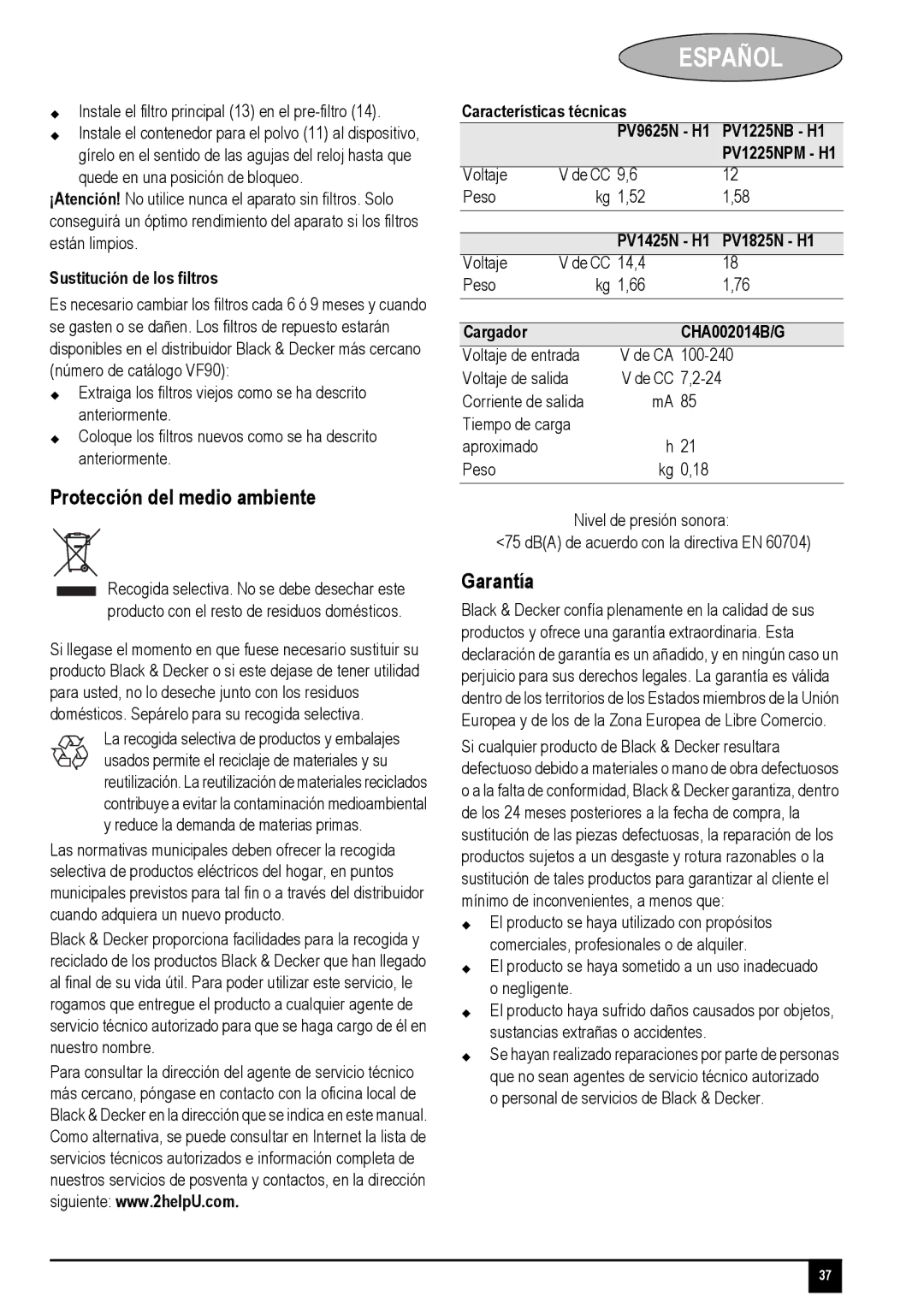 Black & Decker PV1225NPM manual Protección del medio ambiente, Garantía, Sustitución de los filtros, Cargador CHA002014B/G 