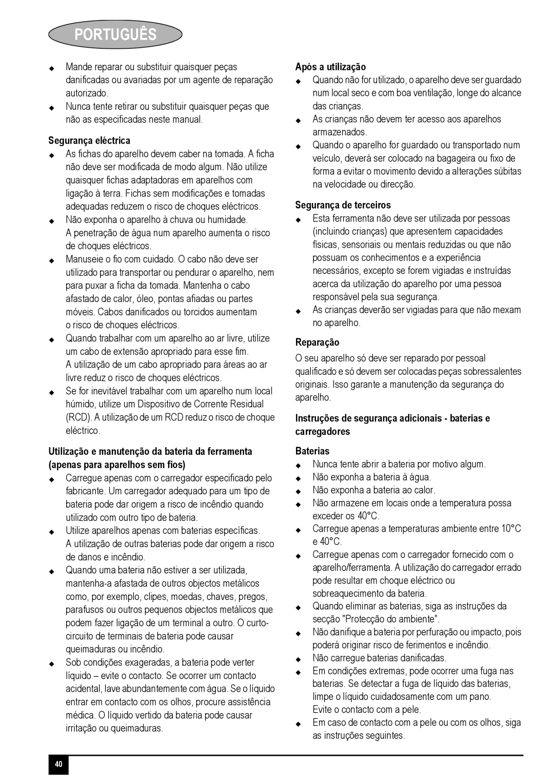 Black & Decker PV1825N manual Segurança eléctrica, Risco de choques eléctricos, Após a utilização, Segurança de terceiros 