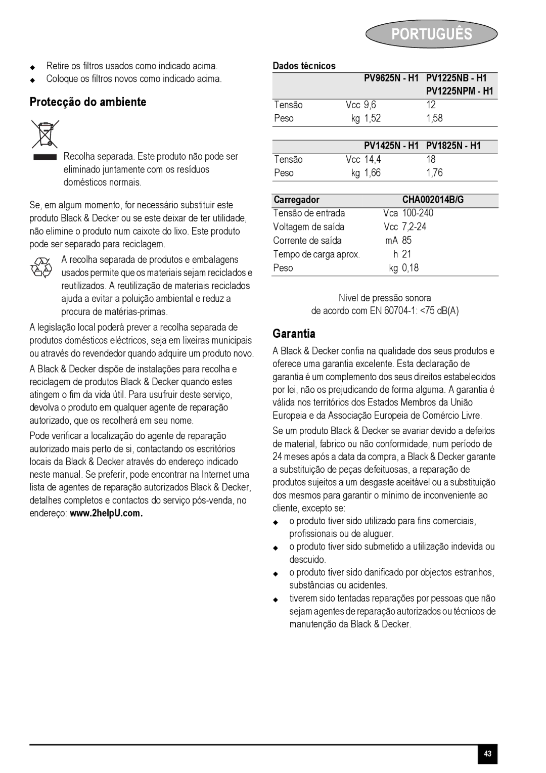 Black & Decker PV1825N, PV1425N Protecção do ambiente, Garantia, Dados técnicos PV9625N H1 PV1225NB H1 PV1225NPM H1 