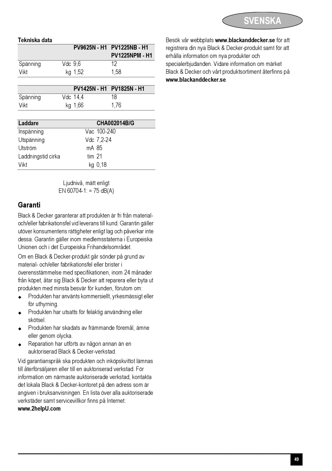 Black & Decker PV1825N, PV1425N Garanti, Tekniska data PV9625N H1 PV1225NB H1 PV1225NPM H1, Spänning Vdc Vikt Kg 1,52 