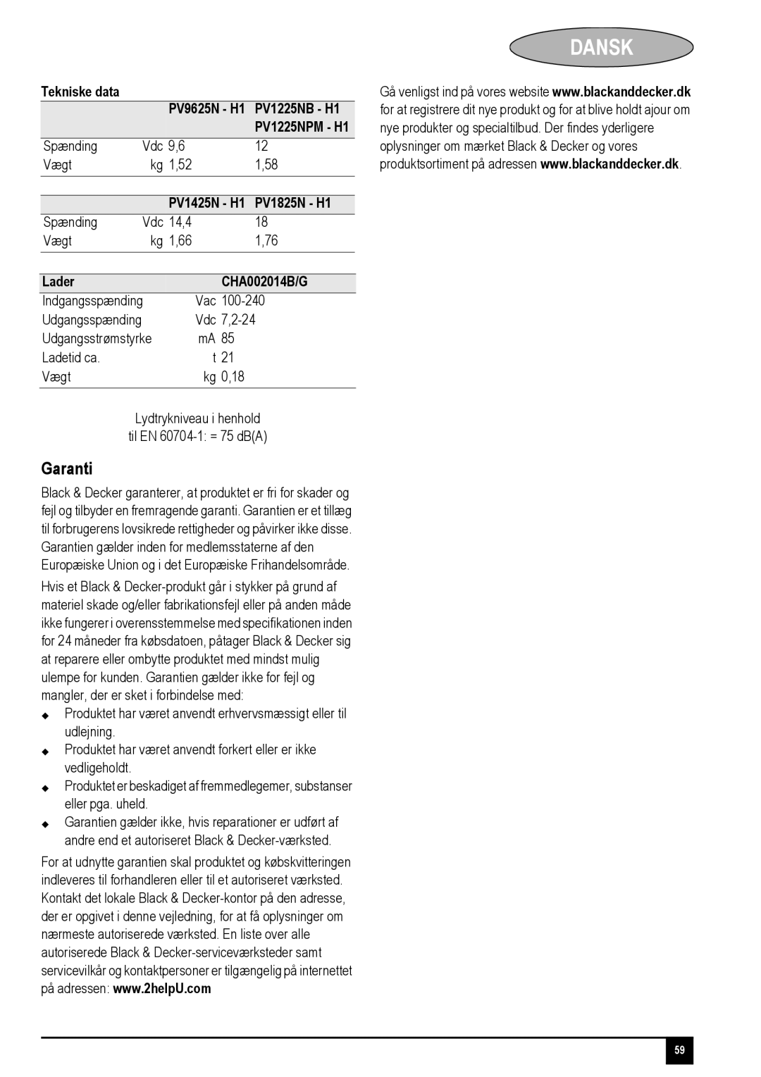 Black & Decker PV1225NB, PV1825N, PV1225NPM Spænding Vdc Vægt Kg 1,52, Spænding Vdc 14,4 Vægt Kg 1,66, Indgangsspænding 