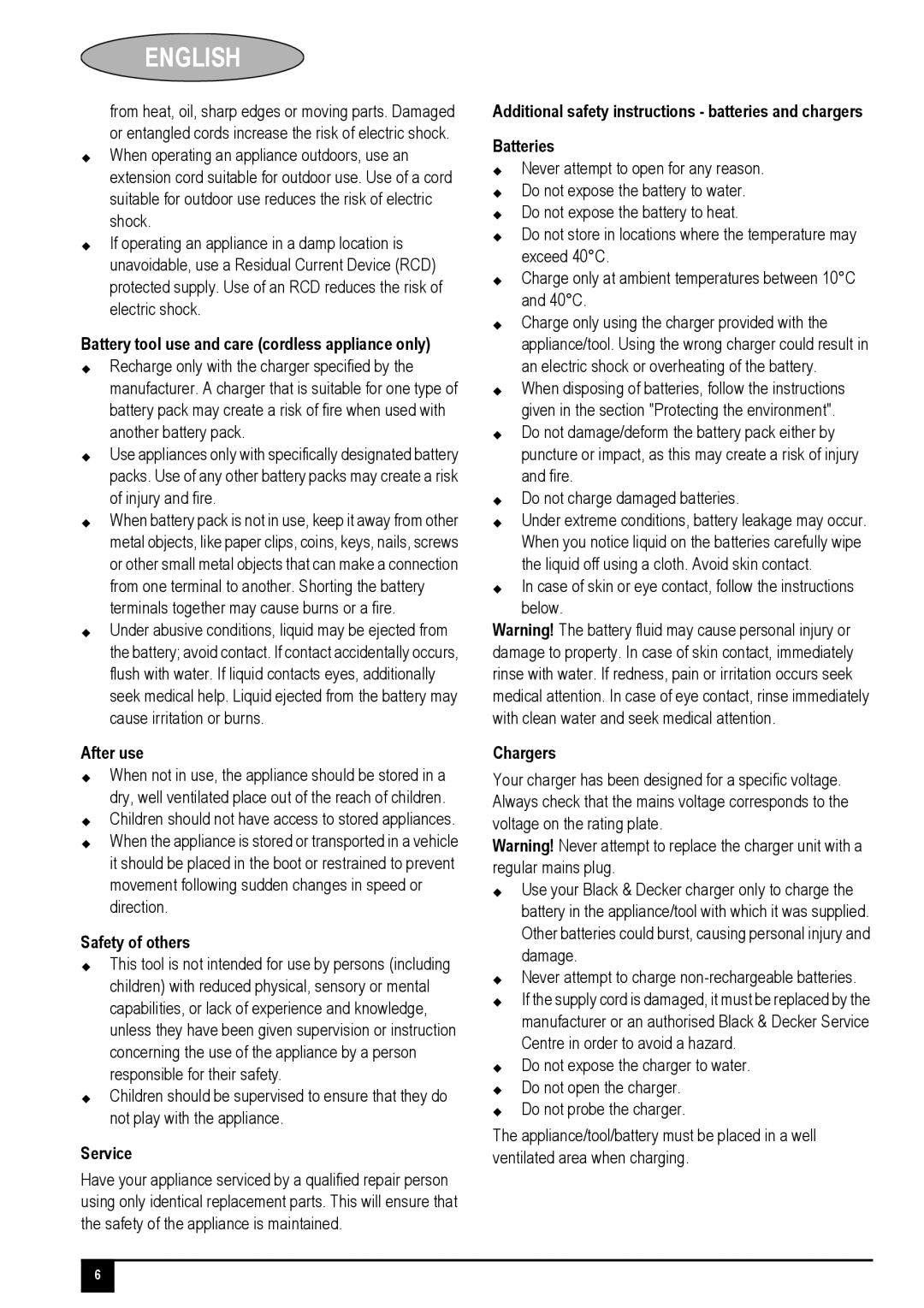 Black & Decker PV1425N Battery tool use and care cordless appliance only, After use, Safety of others, Service, Chargers 