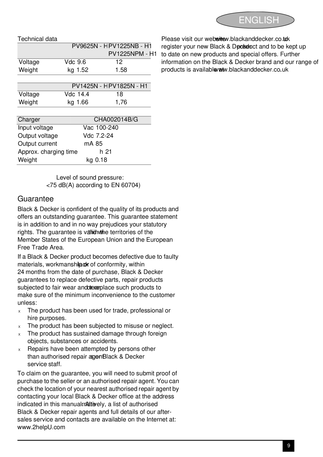 Black & Decker manual Guarantee, Technical data PV9625N H1 PV1225NB H1 PV1225NPM H1, PV1425N H1 PV1825N H1 