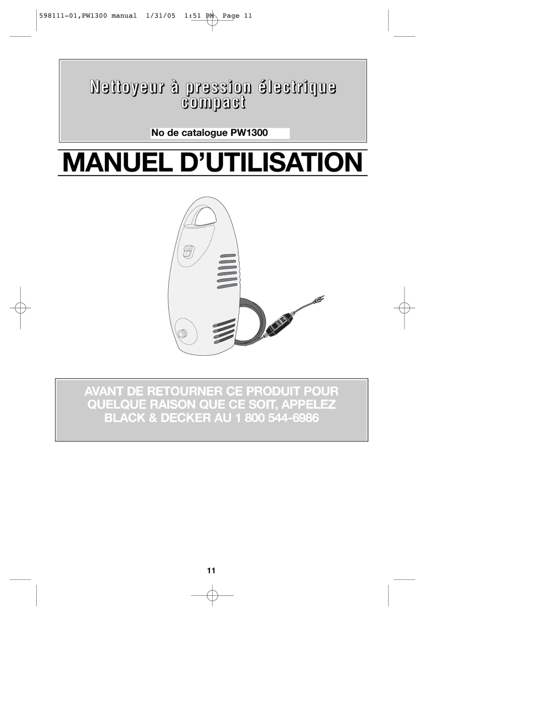 Black & Decker 598111-01, PW1300 instruction manual Manuel D’UTILISATION 