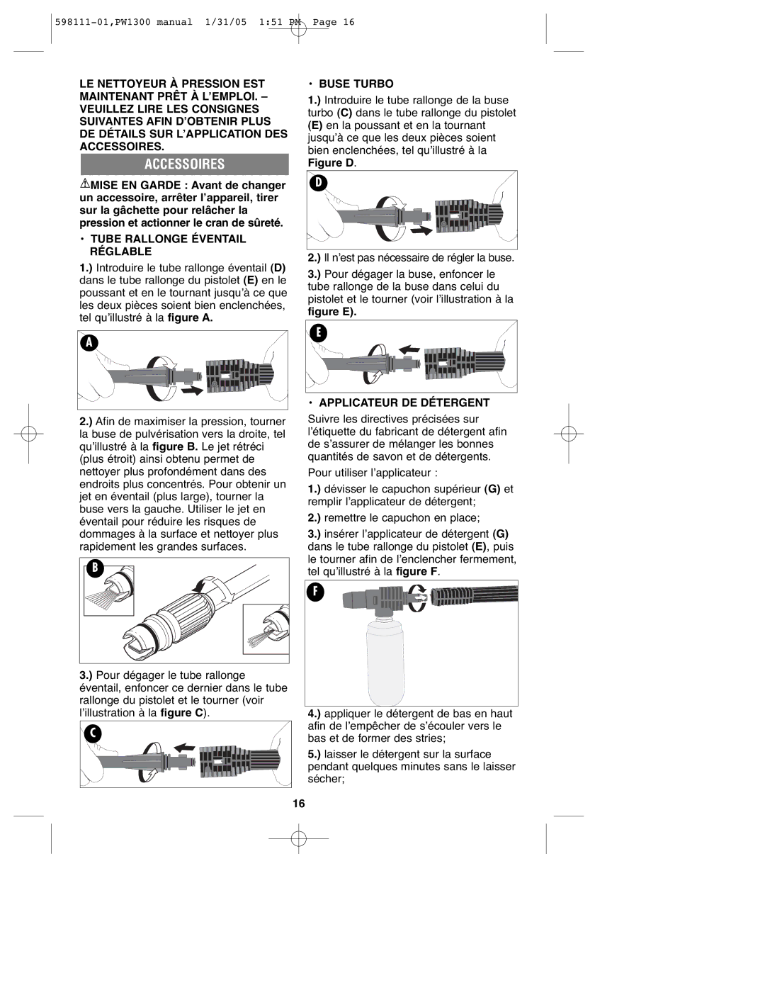 Black & Decker PW1300, 598111-01 Accessoires, Tube Rallonge Éventail Réglable, Buse Turbo, Applicateur DE Détergent 