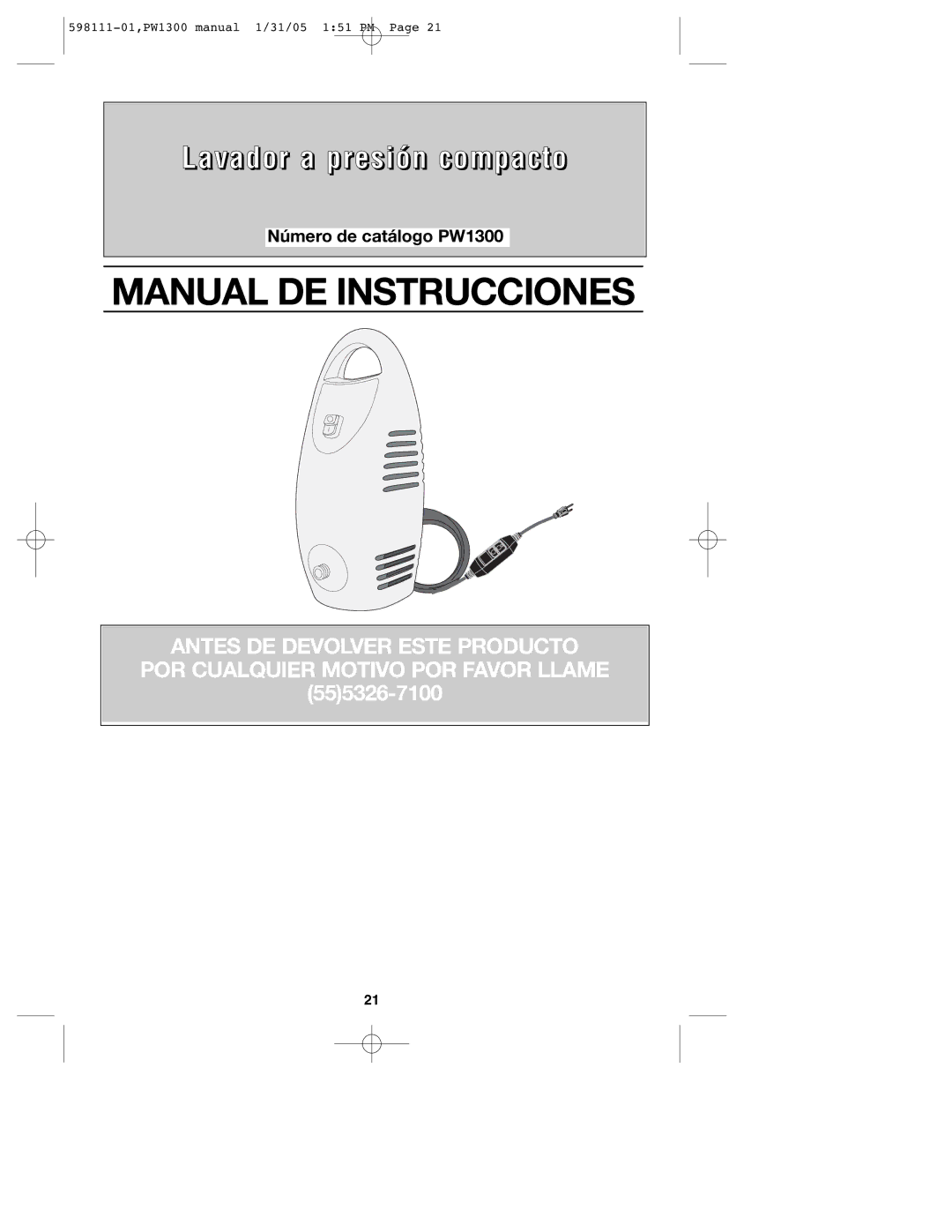 Black & Decker 598111-01, PW1300 instruction manual Manual DE Instrucciones 