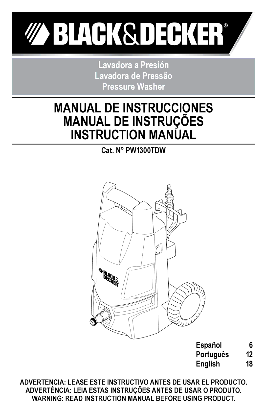 Black & Decker PW1300TDW instruction manual Manual DE Instrucciones Manual DE Instruções 