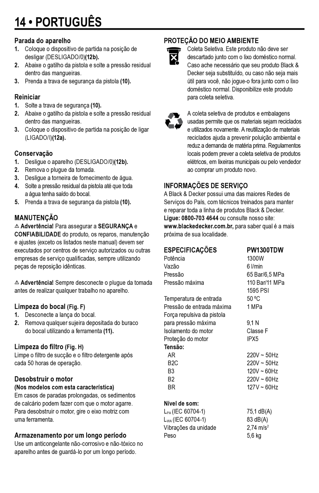 Black & Decker instruction manual Manutenção, Proteção do Meio Ambiente, Informações DE Serviço Especificações PW1300TDW 