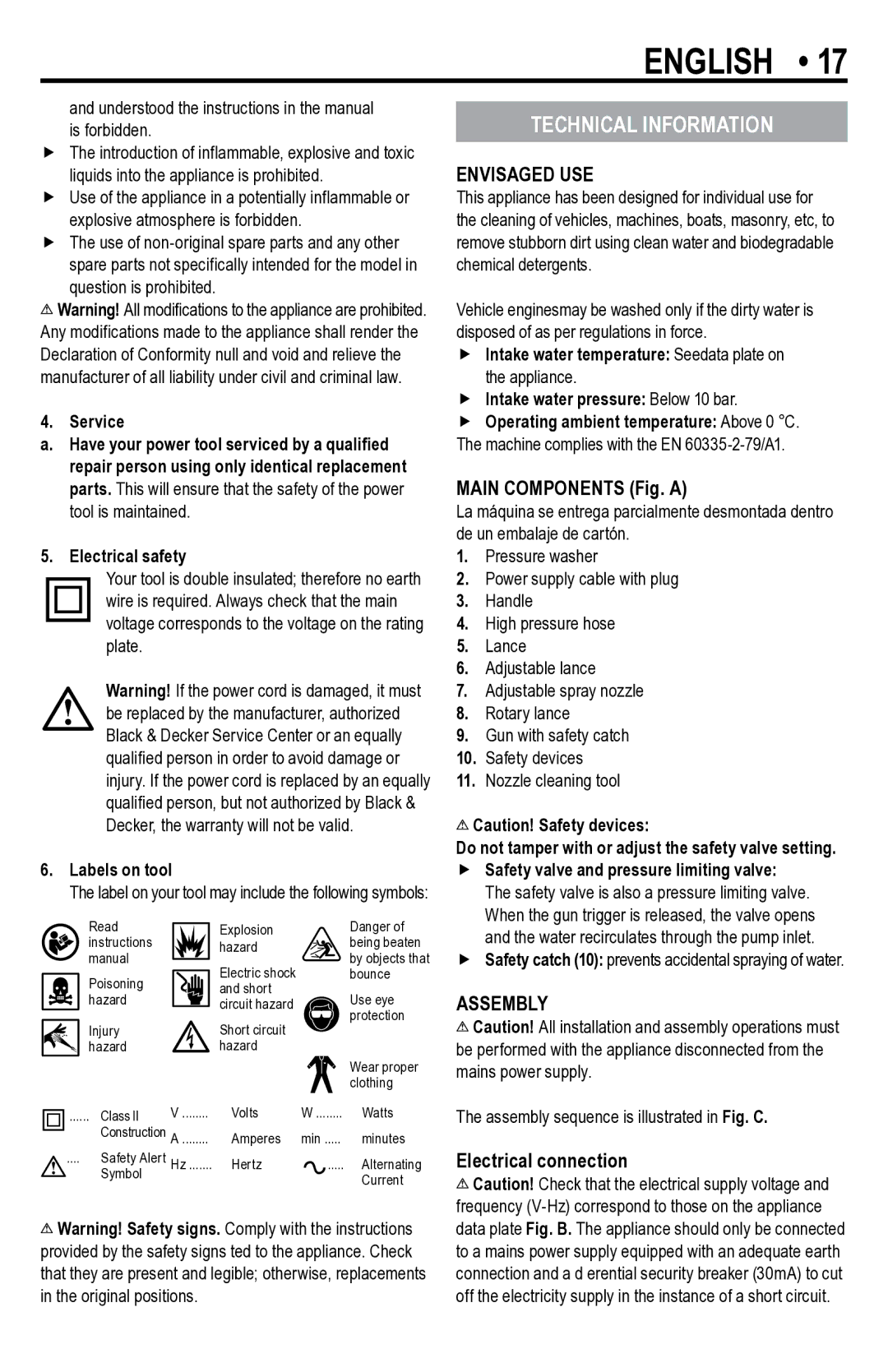 Black & Decker PW1300TDW Technical Information, Envisaged use, Main components Fig. a, Assembly, Electrical connection 