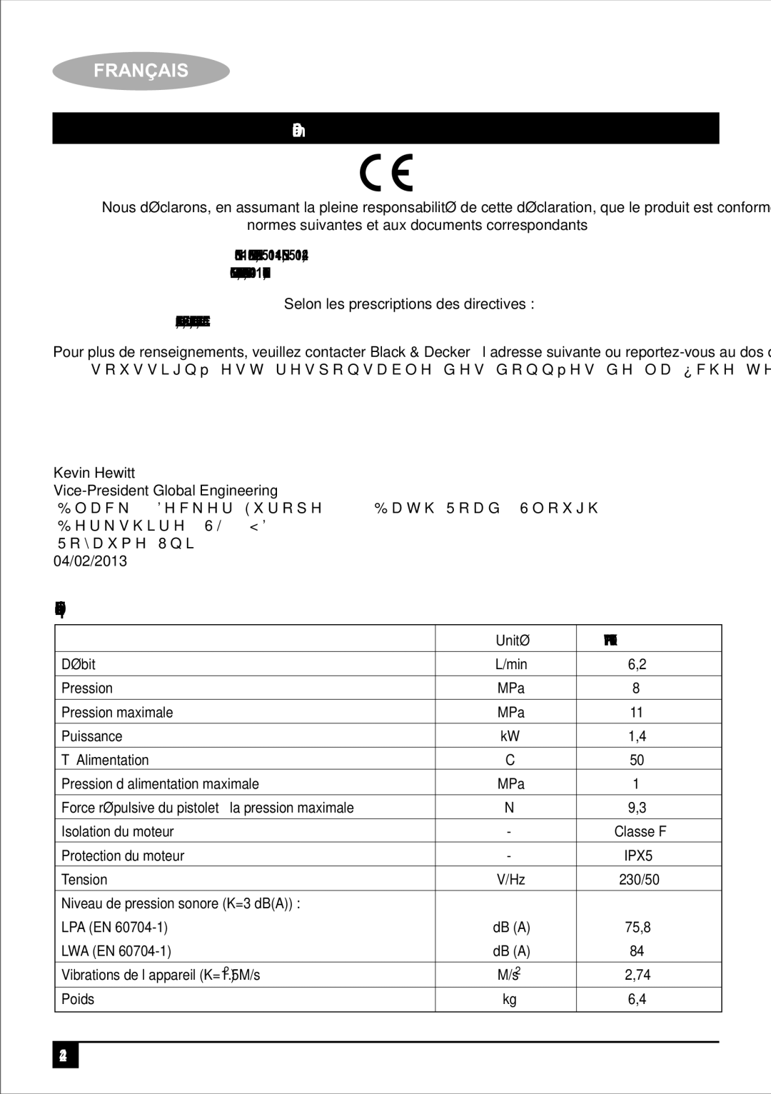 Black & Decker PW1400TDK manual Données Techniques 