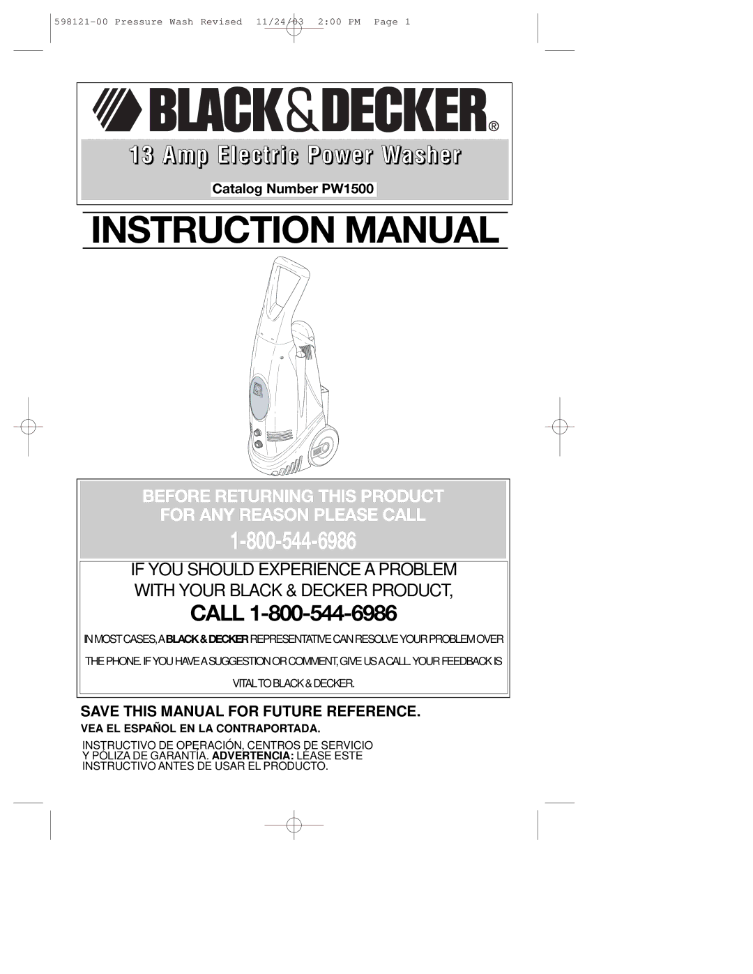 Black & Decker 598121-00, PW1500 instruction manual Amp Electric Power Washer, VEA EL Español EN LA Contraportada 