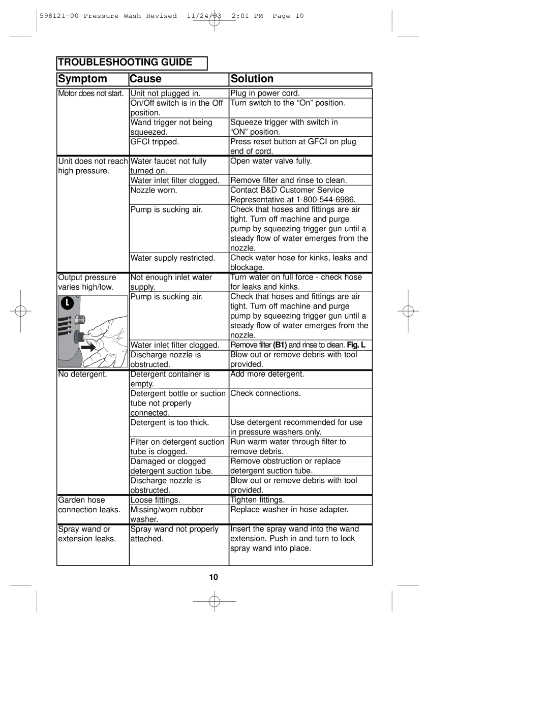 Black & Decker PW1500, 598121-00 instruction manual Nozzle, Water supply restricted, Blockage 