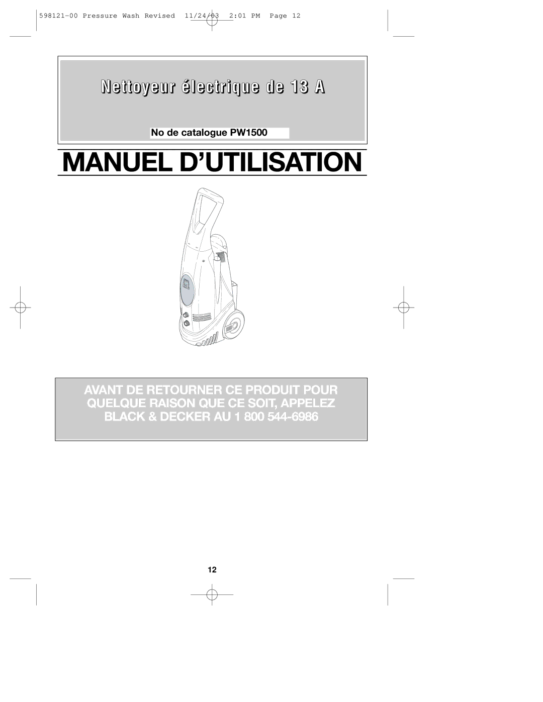 Black & Decker PW1500, 598121-00 instruction manual Manuel D’UTILISATION 