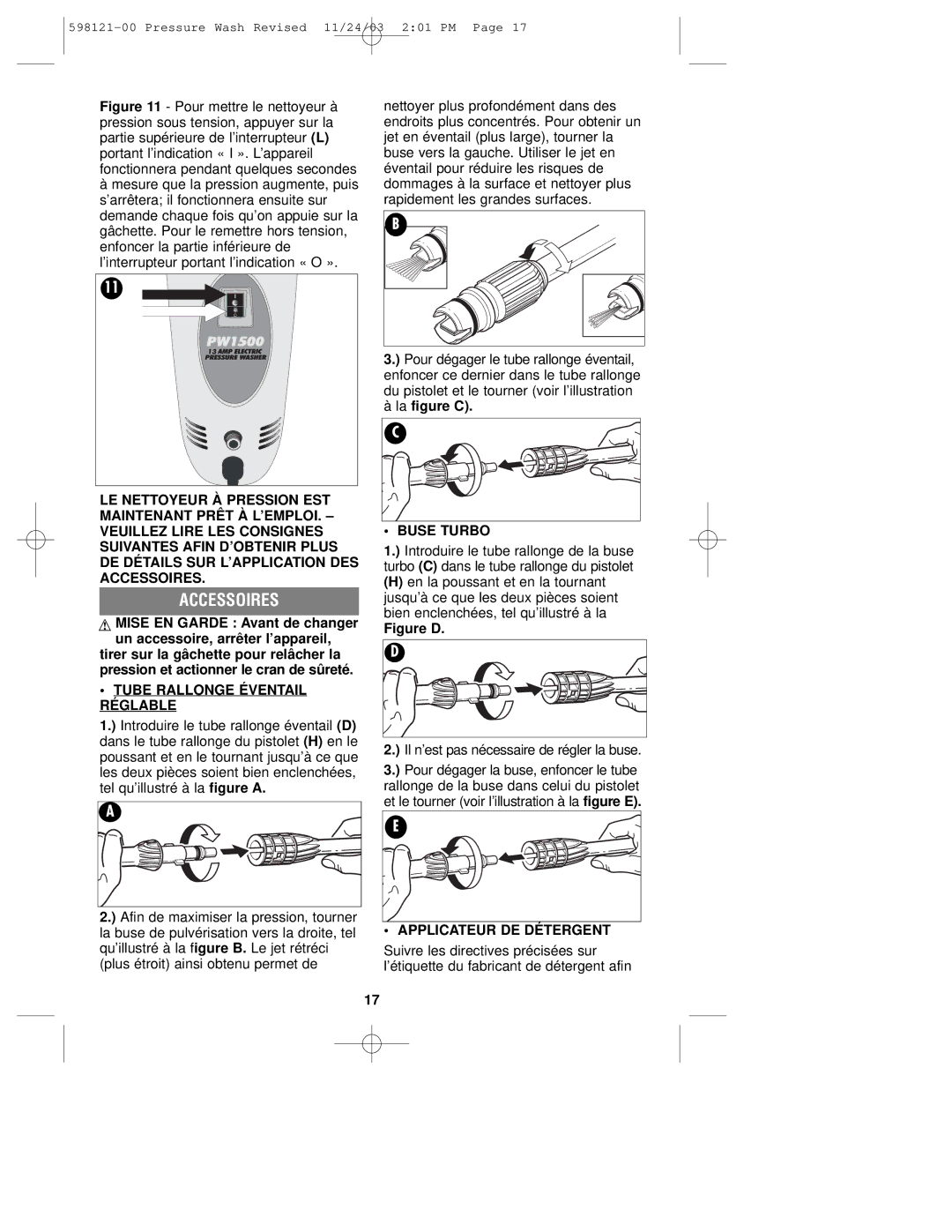 Black & Decker 598121-00, PW1500 Accessoires, Tube Rallonge Éventail Réglable, Buse Turbo, Applicateur DE Détergent 