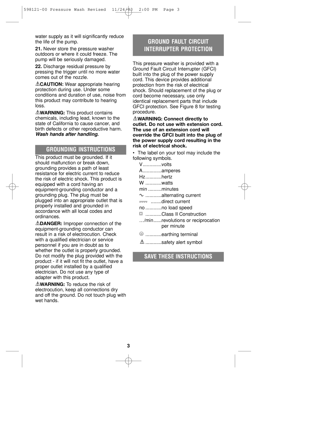 Black & Decker 598121-00, PW1500 Grounding Instructions, Ground Fault Circuit Interrupter Protection, Per minute 