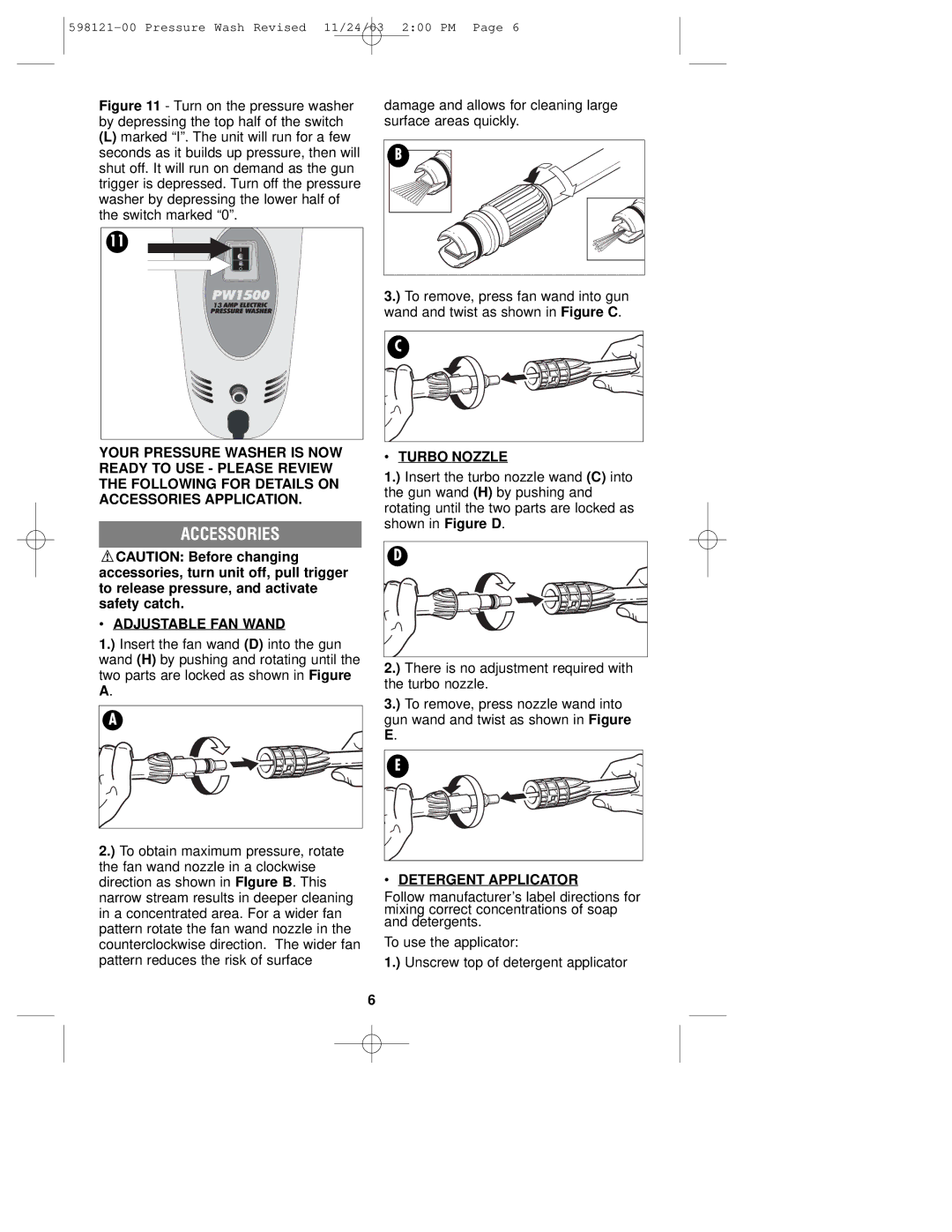 Black & Decker PW1500, 598121-00 instruction manual Accessories, Adjustable FAN Wand, Turbo Nozzle, Detergent Applicator 