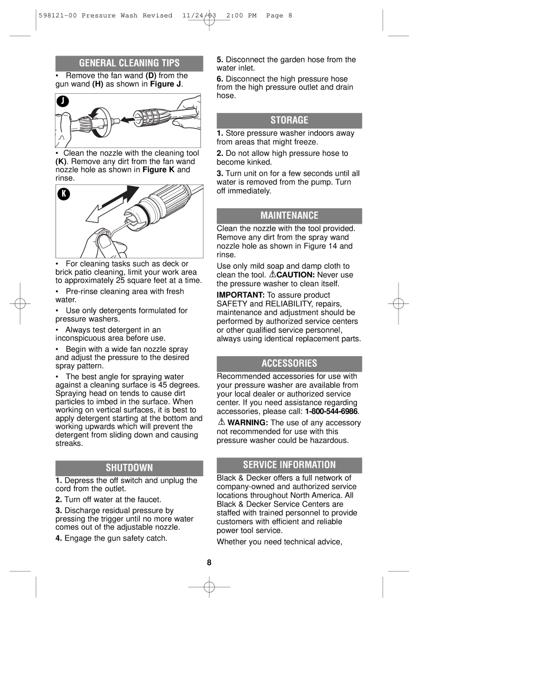 Black & Decker PW1500, 598121-00 General Cleaning Tips, Storage, Maintenance, Shutdown, Service Information 