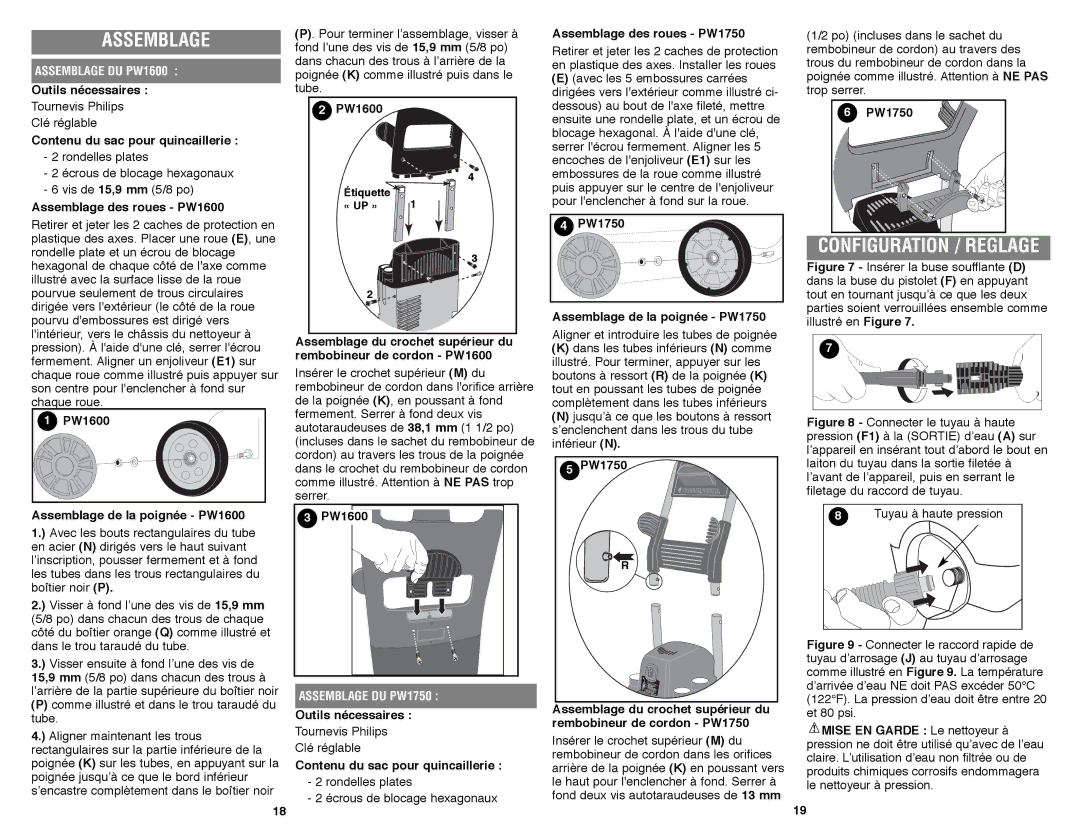 Black & Decker instruction manual Assemblage DU PW1600, Assemblage DU PW1750 