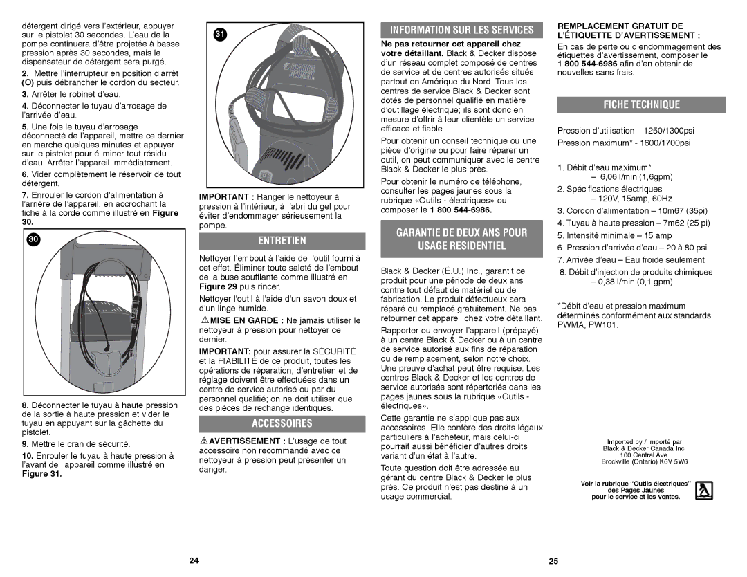 Black & Decker PW1600 instruction manual Entretien, Usage Residentiel, Fiche Technique, Information SUR LES Services 