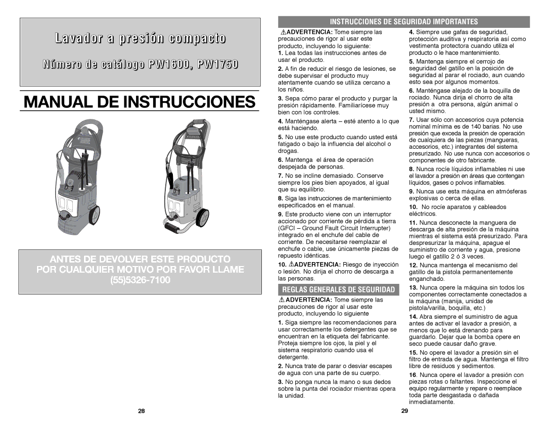 Black & Decker PW1600 instruction manual Instrucciones DE Seguridad Importantes, Reglas Generales DE Seguridad 