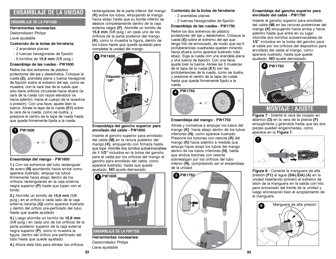 Black & Decker instruction manual Ensamblaje DE LA PW1600, Ensamblaje DE LA PW1750 