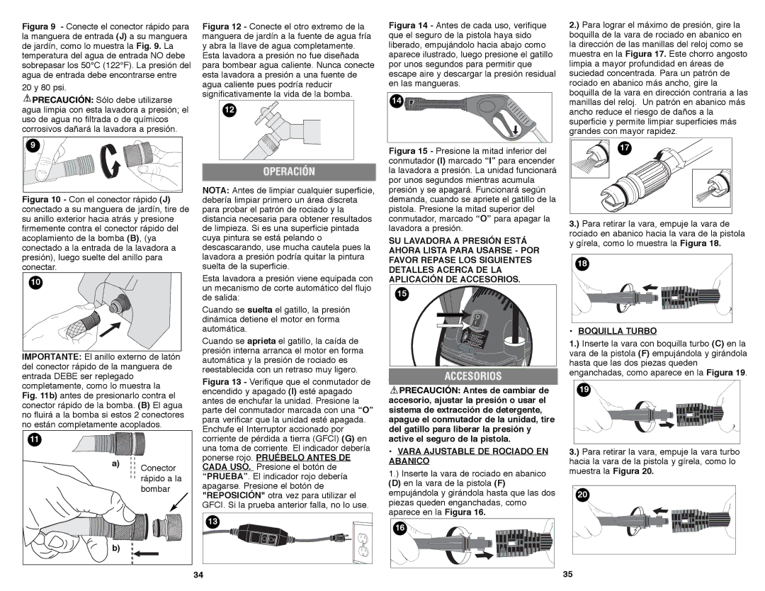 Black & Decker PW1600 instruction manual Operación, Accesorios, Vara Ajustable DE Rociado EN Abanico, Boquilla Turbo 