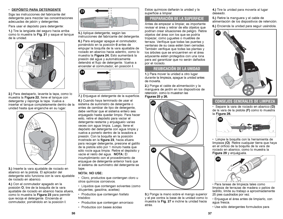 Black & Decker PW1600 Reubicación DE LA Unidad, Preparación DE LA Superficie, Depósito Para Detergente, Nota no USE 