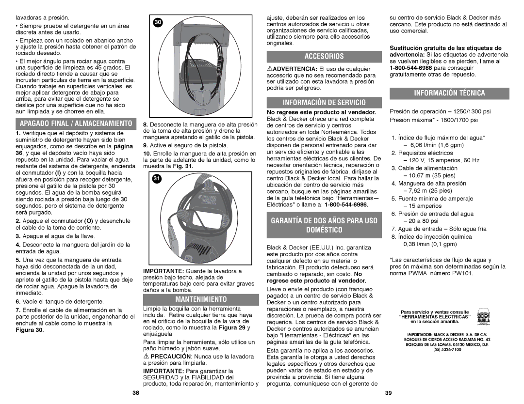 Black & Decker PW1600 instruction manual Mantenimiento, Doméstico, Información Técnica, Información DE Servicio 