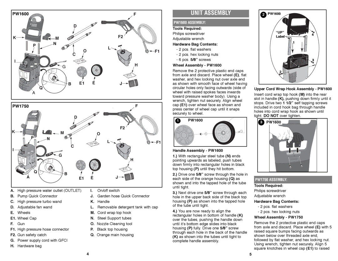 Black & Decker instruction manual PW1600 Assembly, PW1750 Assembly 