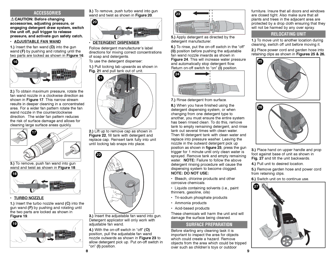 Black & Decker PW1600 instruction manual Accessories, Relocating Unit, Surface Preparation 