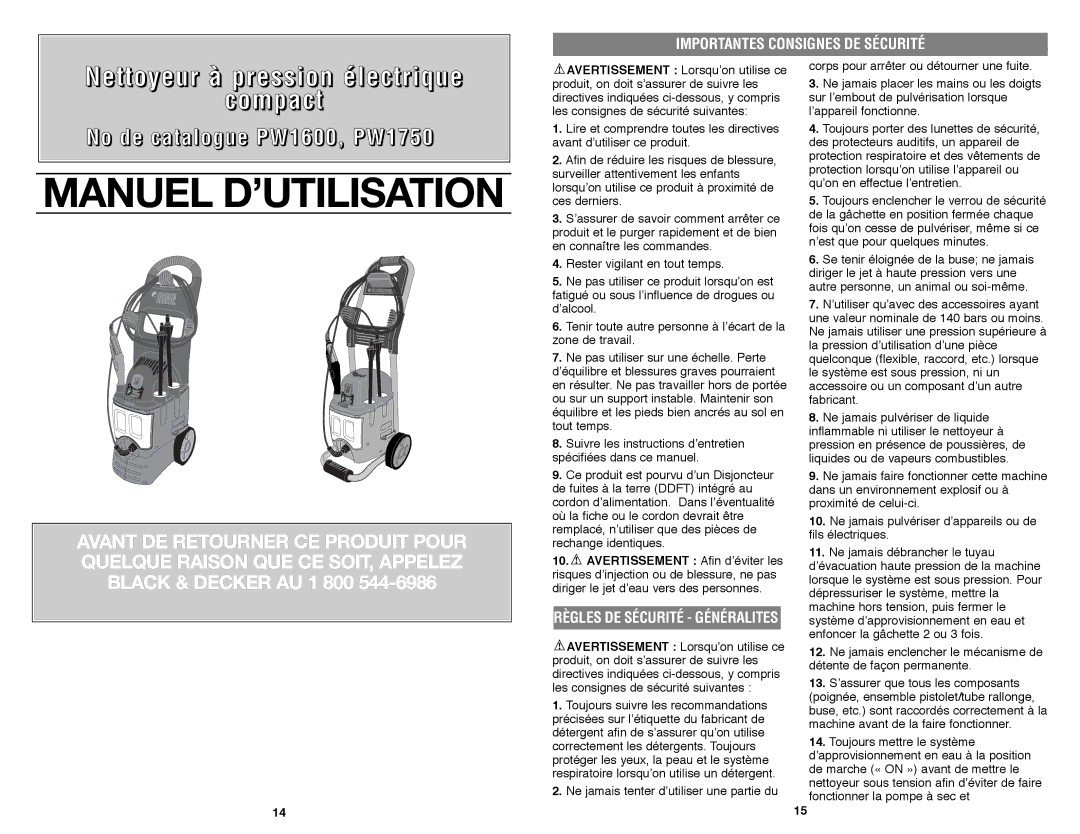 Black & Decker PW1600 instruction manual Importantes Consignes DE Sécurité, Règles DE Sécurité Généralites 