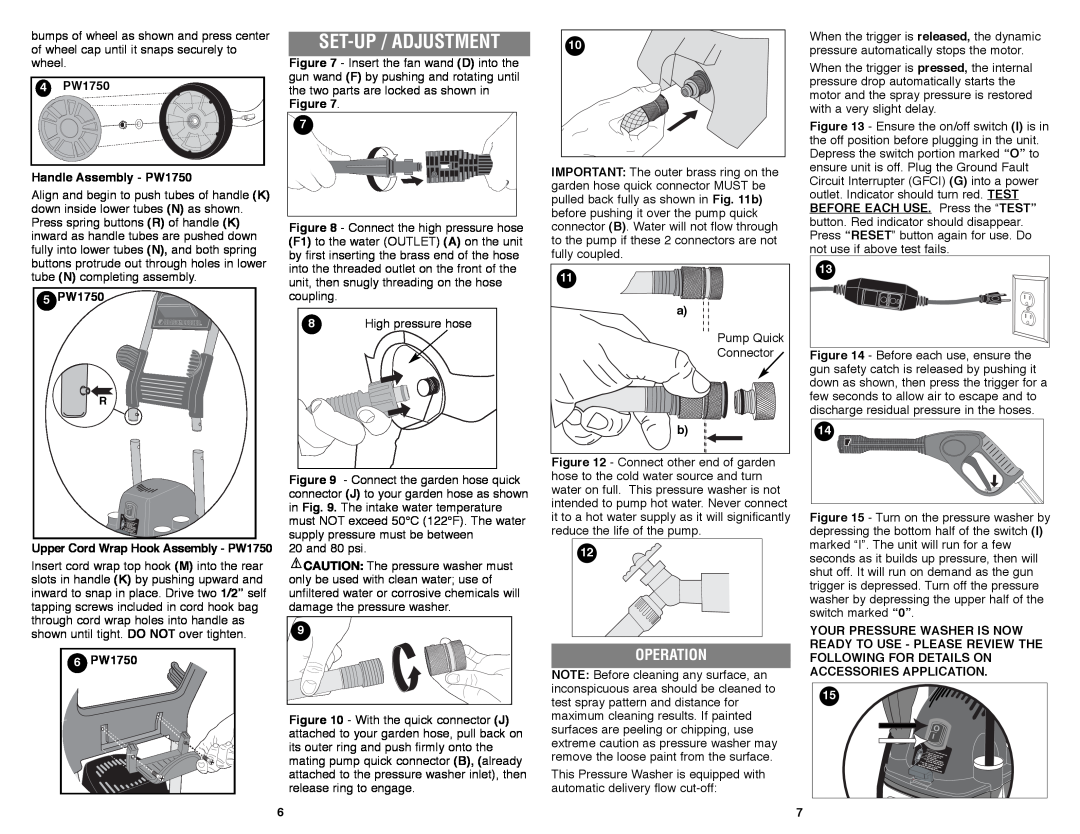 Black & Decker PW1600 instruction manual Set-Up / Adjustment, Operation, Handle Assembly - PW1750, 5 PW1750, Connector 