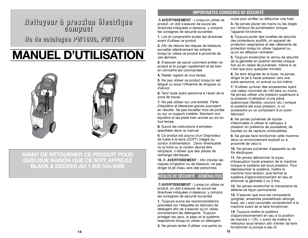 Black & Decker Manuel D’Utilisation, Nettoyeur à pression électrique compact, No de catalogue PW1600, PW1750 