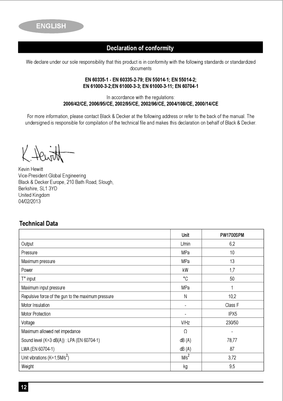 Black & Decker PW1700SPM manual Technical Data, Unit 