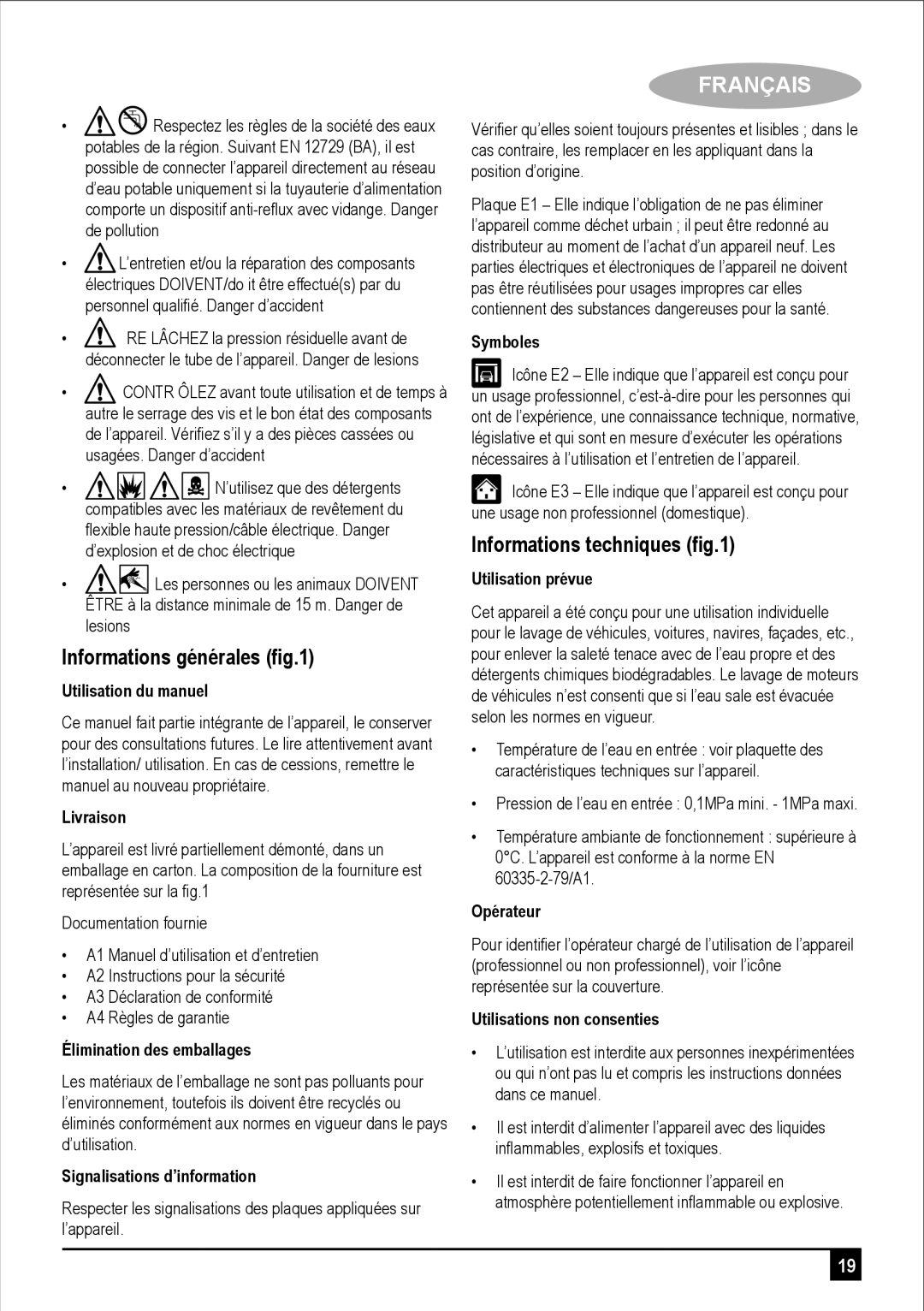 Black & Decker PW1700SPM manual Informations générales ﬁg.1, Informations techniques ﬁg.1 