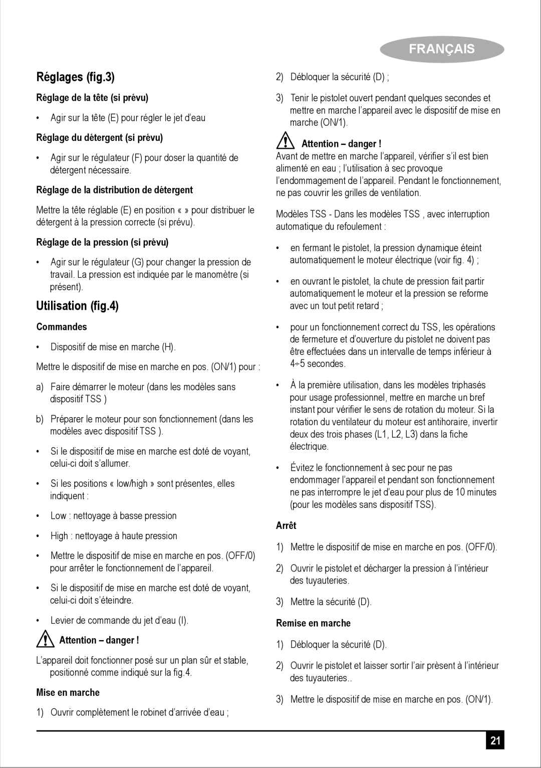 Black & Decker PW1700SPM manual Réglages ﬁg.3, Utilisation ﬁg.4 