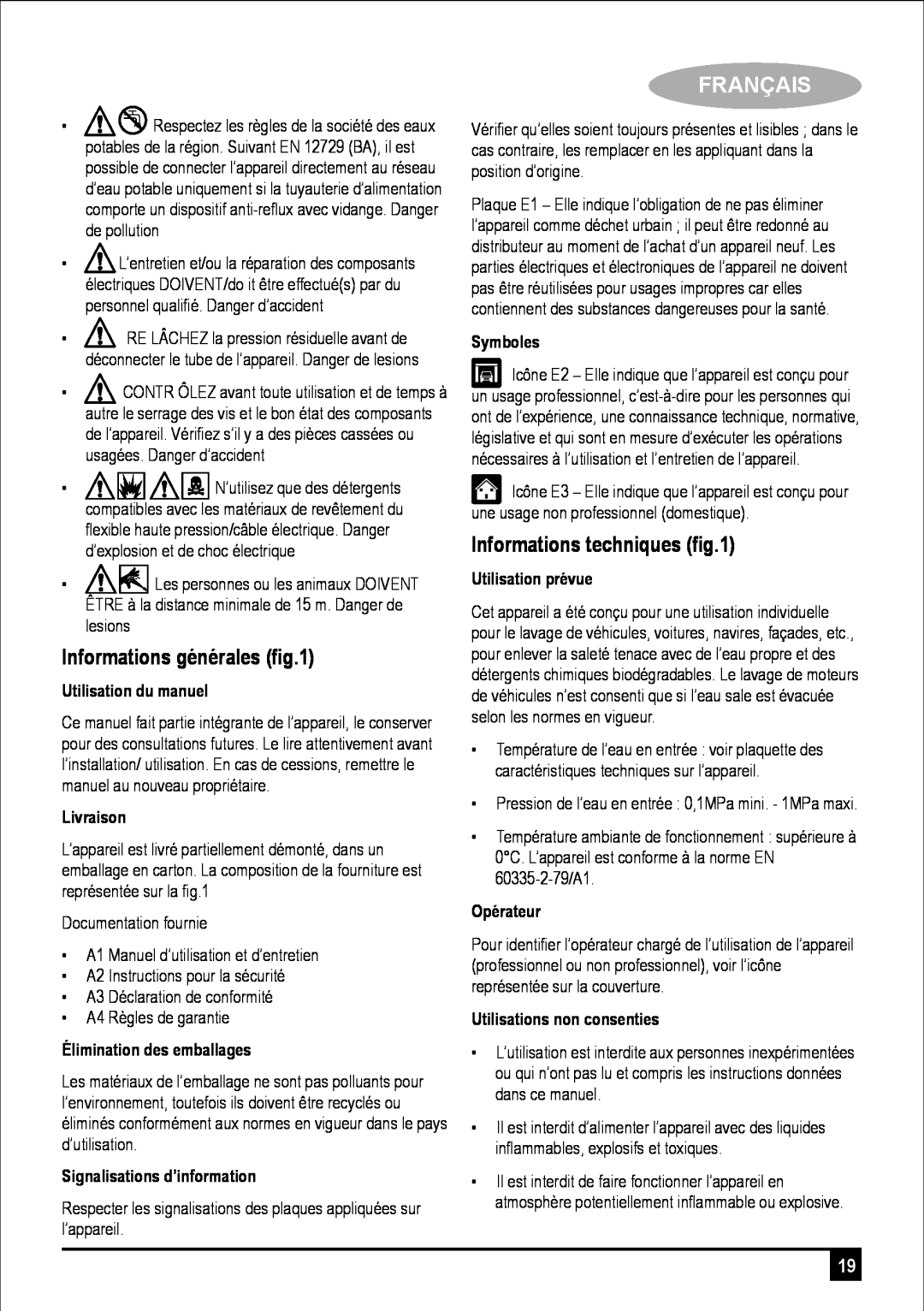 Black & Decker PW1700SPM manual Informations générales ﬁg.1, Français, Informations techniques ﬁg.1, Utilisation du manuel 