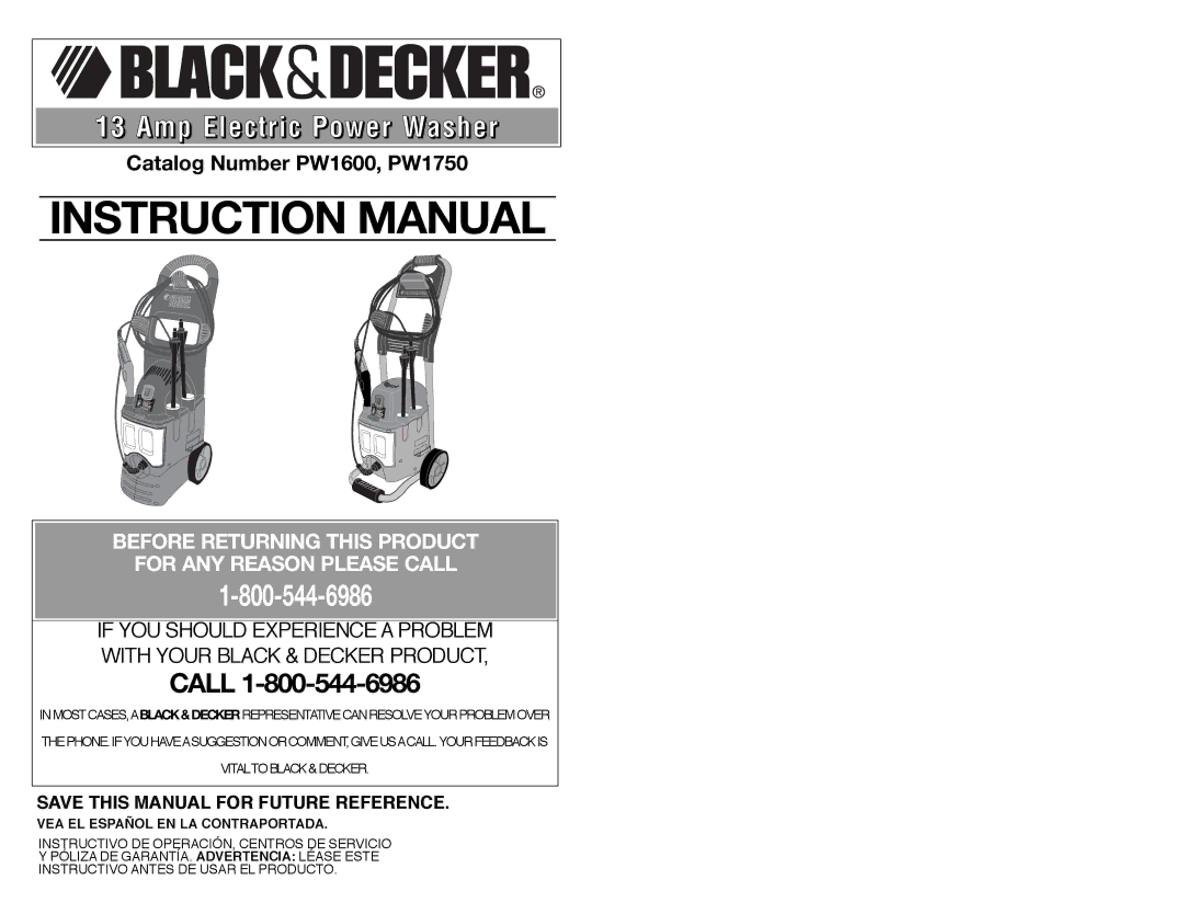 Black & Decker 598667-00, PW1750, PW1600 instruction manual Amp Electric Power Washer, VEA EL Español EN LA Contraportada 