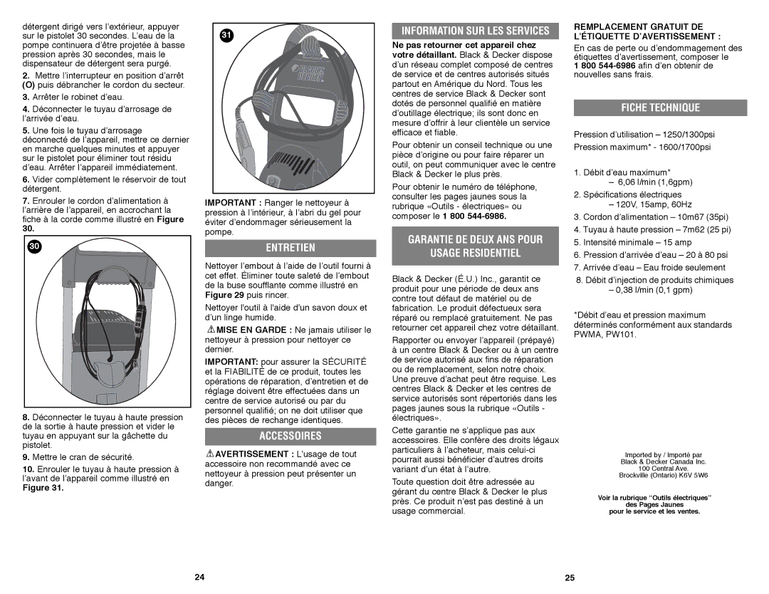 Black & Decker 598667-00, PW1750, PW1600 Entretien, Usage Residentiel, Fiche Technique, Information SUR LES Services 