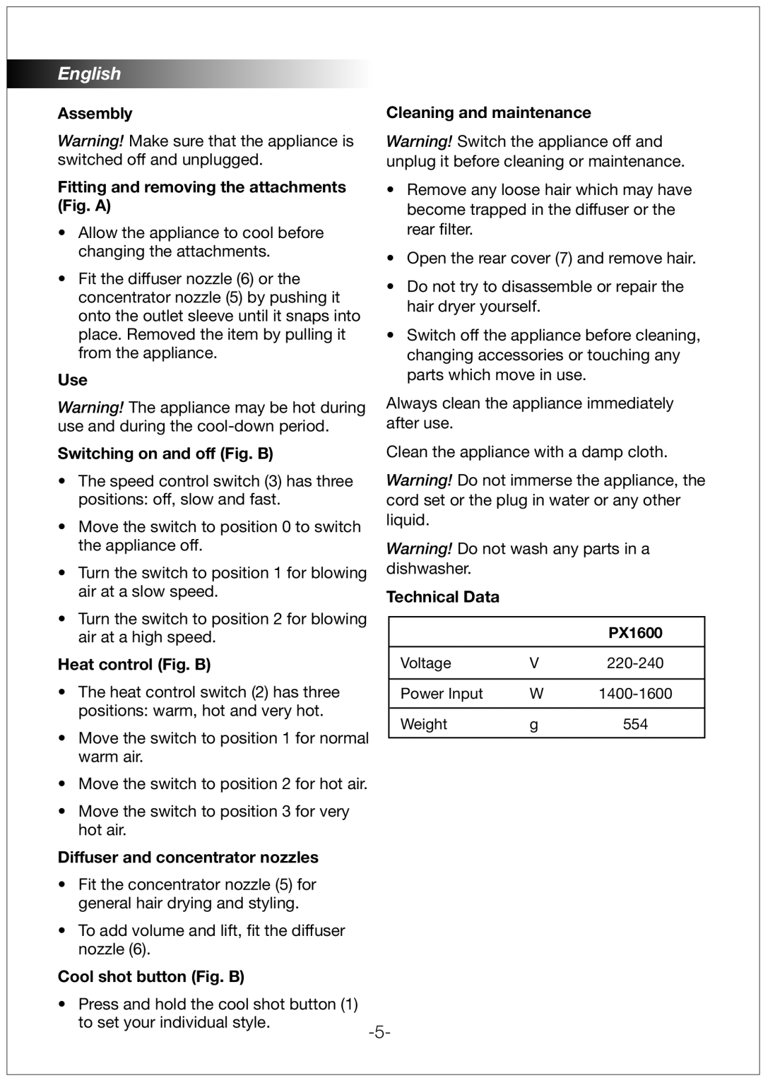 Black & Decker PX1600 manual Use Switching on and off Fig. B, Heat control Fig. B, Diffuser and concentrator nozzles 