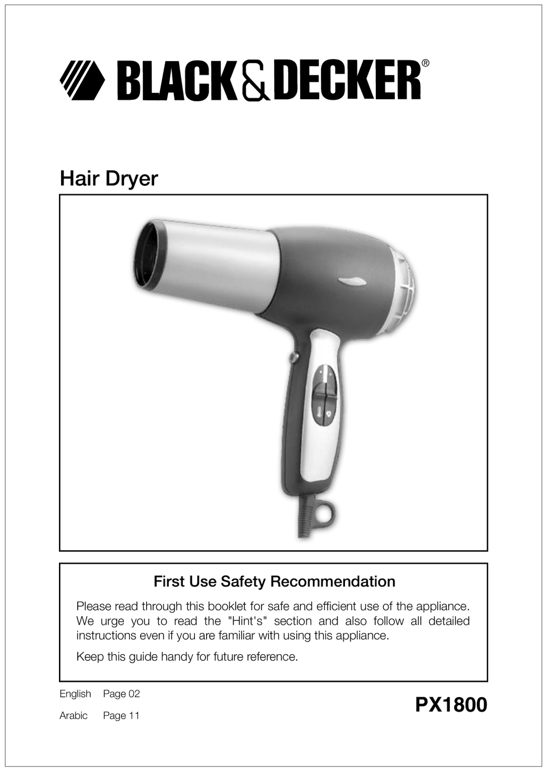 Black & Decker PX1800 manual Hair Dryer 