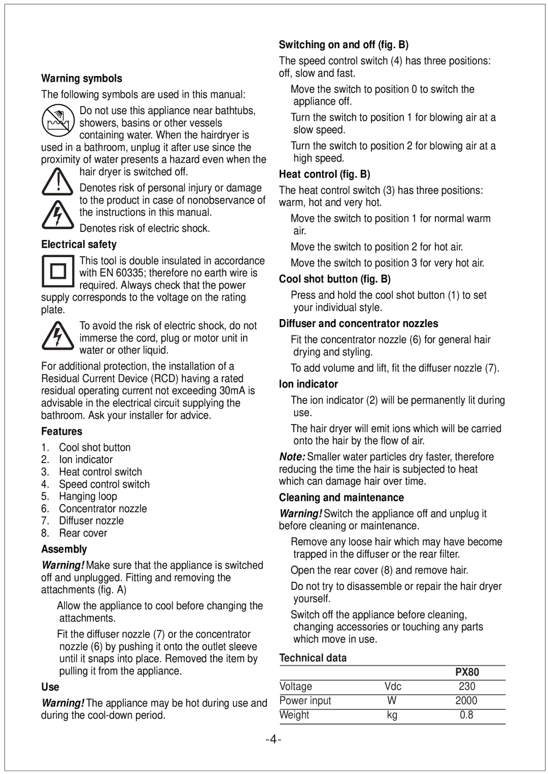 Black & Decker PX80 manual Technical data 